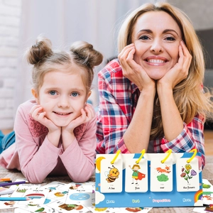 Educational flip cards for kids learning English prepositions and sentence building at home