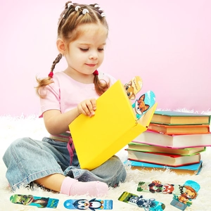 Cute cartoon animal bookmarks set held by a young girl reading on a cozy white rug