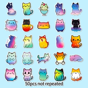 50pcs set of waterproof gradient cat doodle stickers with colorful cartoon kitten designs