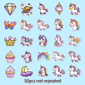 50pcs set of non-repeating colorful rainbow unicorn and cupcake stickers for DIY decor