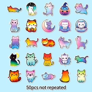 Detailed grid showing 50 unique waterproof cute cat stickers with gradient colors