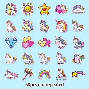 Detailed grid showing 50 unique unicorn and rainbow waterproof vinyl graffiti stickers