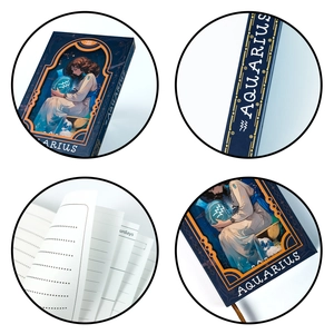 Detail view of Aquarius notebook with magnetic buckle and vintage blue cover illustrations