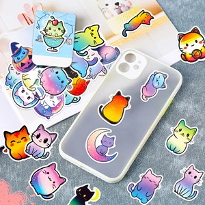 Macro view of gradient cat graffiti stickers applied on a phone case and blue box