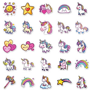 Collection of 50 colorful rainbow unicorn graffiti stickers for DIY skateboard and guitar