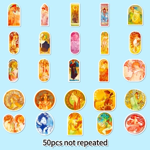 Detailed grid of 50pcs vintage Alphonse Mucha Art Nouveau stickers with floral borders