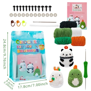 DIY crochet kit for beginners with yarn, tools, instructions and three animal doll examples