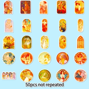 50pcs Vintage Mucha Art Nouveau stickers featuring floral patterns and female portraits