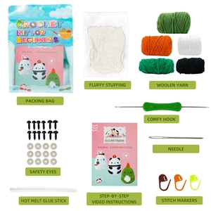 Crochet kit for beginners featuring three animal patterns with yarn and tools