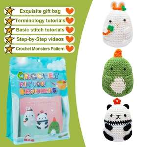DIY crochet kit for beginners featuring rabbit, dinosaur and panda with video tutorials