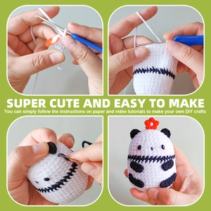 Detailed step-by-step crochet kit guide for a cute DIY panda doll with yarn and tools