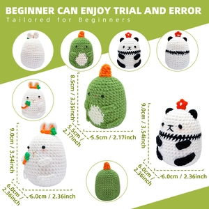 Three crochet animal amigurumi set featuring a bunny, dinosaur, and panda with dimensions