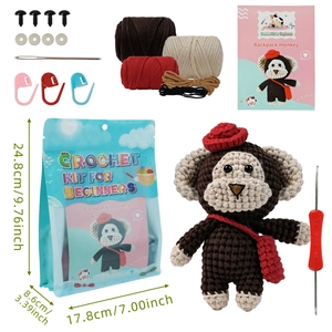 DIY crochet kit for beginners featuring a cute monkey with a backpack including all tools