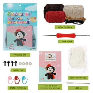 DIY crochet kit for cute monkey plush with colorful yarn, tools and stuffing
