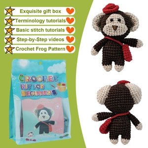 Crochet kit for beginners featuring a cute brown monkey with a red backpack and blue case