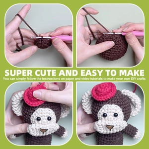 DIY crochet kit for cute brown monkey doll with red hat and colorful yarn materials