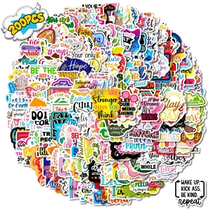 Detailed view of 200 colorful English motivational quote stickers for laptops and journals