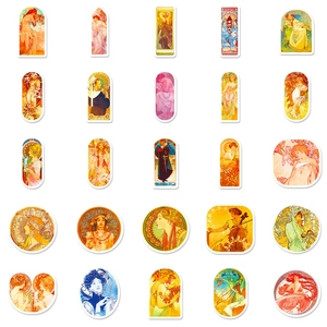 Set of 50 vintage Alphonse Mucha art stickers with waterproof retro aesthetic designs