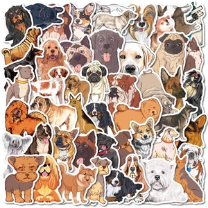 Detailed flat lay of diverse realistic puppy dog stickers for laptops and water bottles
