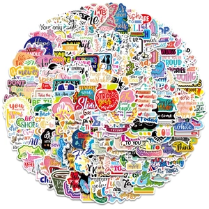 Set of 200 colorful English motivational graffiti stickers with unique artistic designs