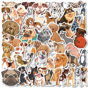 Detailed view of multiple dog breed stickers including Pug and Golden Retriever