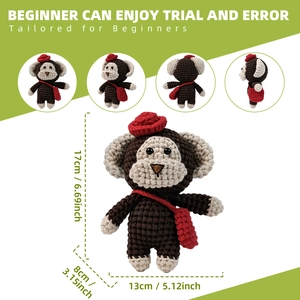 Detailed size infographic of handmade crochet monkey toy with dimensions 17x13x8 cm