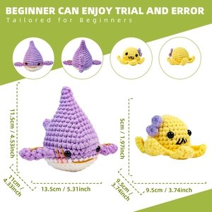 Kit de crochet pour débutants incluant un requin violet et un poulpe jaune peluche