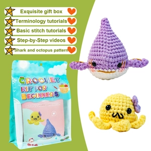 Détails du kit de crochet pour débutants avec peluches de requin violet et poulpe jaune