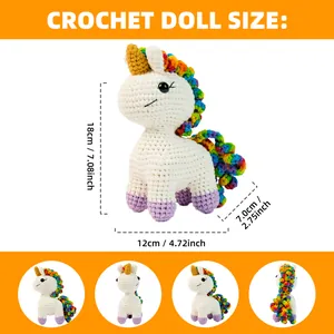 Tableau des tailles montrant 18 cm de haut et vues multi-angles de la licorne au crochet