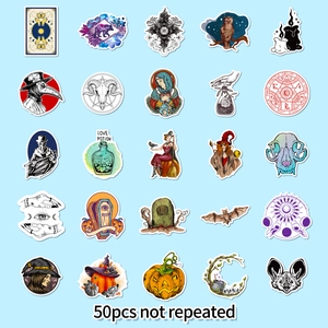 Detailed grid of 50 unique gothic magic book stickers featuring skulls and wizard themes