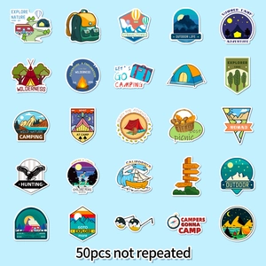Detailansicht von 50er Set Cartoon-Sticker mit Outdoor-Camping- und Bergmotiven
