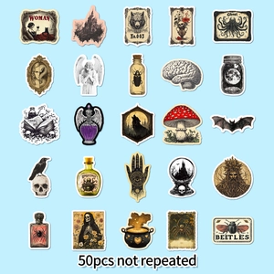 50pcs gothic vintage apothecary stickers set featuring black and white fantasy hand-drawn art