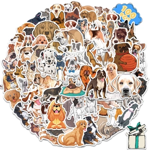 Close-up of 100 cute cartoon dog stickers featuring various popular pet breeds