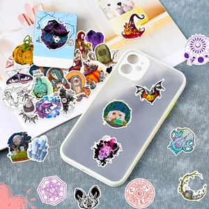 Gothic witch stickers on a frosted phone case featuring potions and skull illustrations