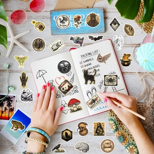 50pcs vintage Nordic apothecary style stickers with dragon, skull, and mushroom patterns