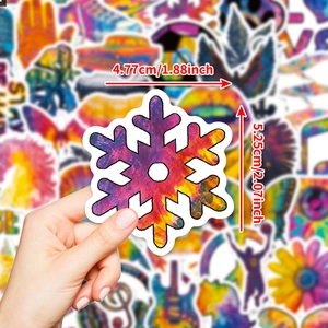 Colorful tie-dye snowflake sticker made of waterproof PVC, measuring 1.88 by 2.07 inches