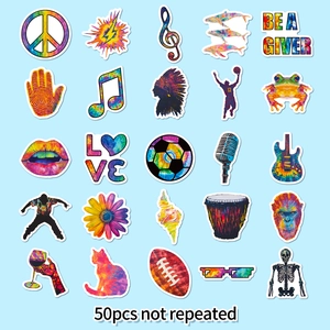 Set of 50 unique colorful tie-dye graffiti stickers featuring mixed artistic symbols