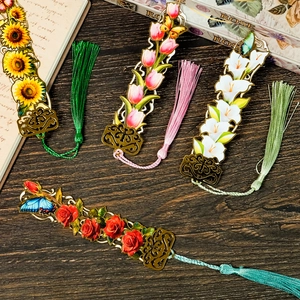 Vintage Metal Hollow Flower Bookmark With Colorful Satin Tassel Sunflower Tulip Lily Rose Butterfly Elegant Stationery Reading Gift For Students