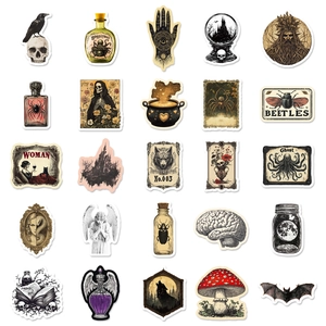 Set of 25 vintage gothic stickers featuring skulls crows and dark mystical alchemy themes