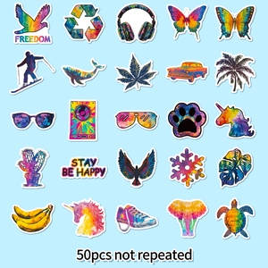 Detailed view of 50pcs waterproof graffiti stickers featuring colorful butterfly and headphones
