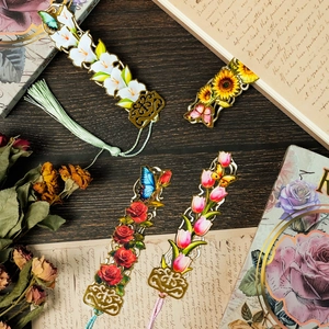 Elegant hollow metal floral bookmark set with colorful butterflies and silk tassels