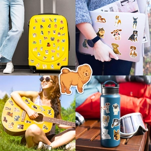 Cute dog stickers decorating luggage, laptop, guitar, and water bottle for a creative look