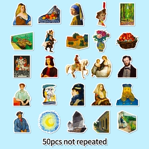 Detailed spread of 50 waterproof art stickers featuring classic oil painting masterpieces