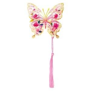Marcador de mariposa de metal calado con diseño floral rosa y borla de seda