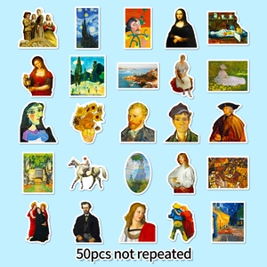 50pcs waterproof art oil painting stickers set including Van Gogh and Da Vinci artworks