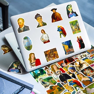 Detailed view of famous art oil painting stickers applied on a laptop lid cover