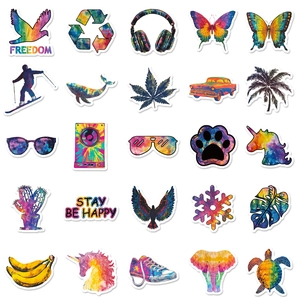 Set of 50 colorful tie-dye graffiti stickers featuring butterfly and sunglasses designs