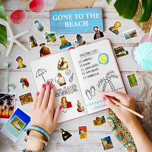 Waterproof art stickers set featuring Mona Lisa and Starry Night for DIY decor