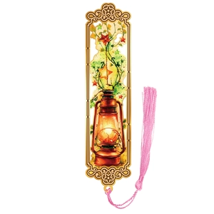 Nordic vintage hollow metal bookmark with painted kerosene lamp and pink tassel