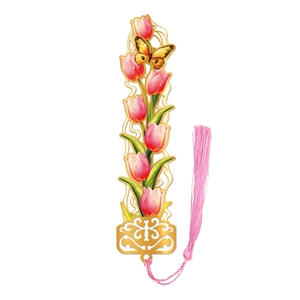 Exquisite gold metal cutout bookmark with pink tulip flowers and silk tassel detail